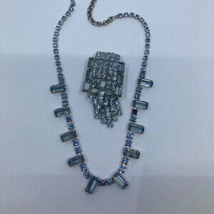 Vtg 1950 CONTINENTAL ? blue rhinestone crystal brooch necklace set